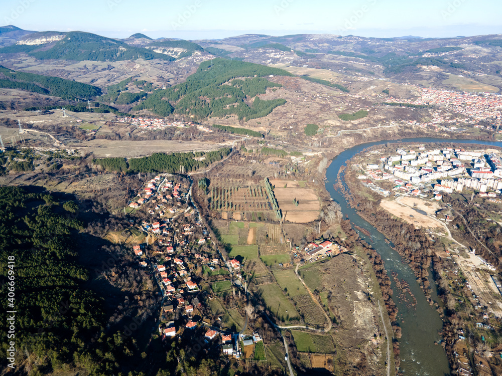 Aerial view of town of Kardzhali and Arda river, Bulgaria