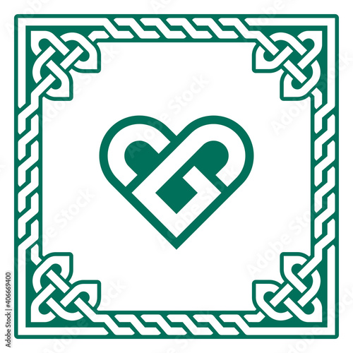 Celtic green heart vector greeting card design with Irish braided frame - Valentine's Day, love concept
