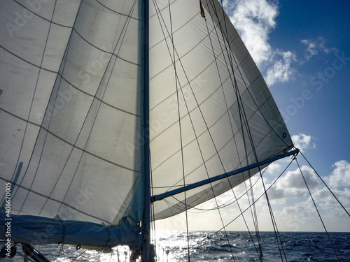 closeup of sail boat yacht main and genoa running downwind.