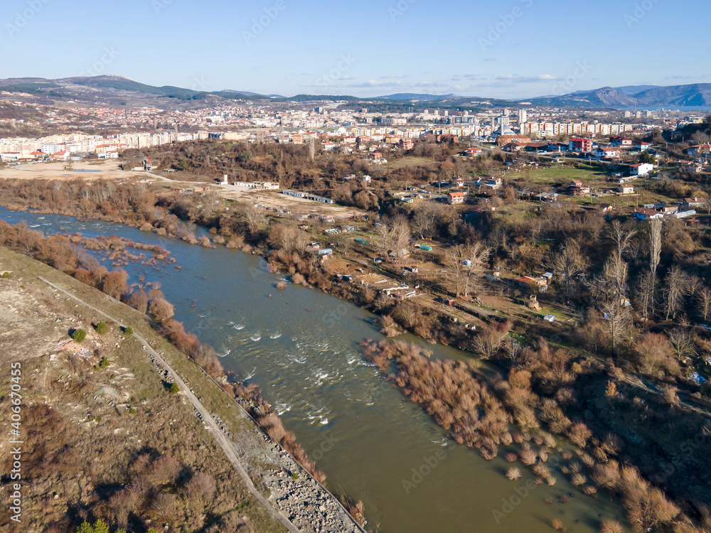 Aerial view of town of Kardzhali and Arda river, Bulgaria