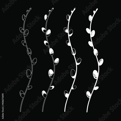 vector pussy willow sprigs isolated with buds, white outline on black background, Happy Easter symbol