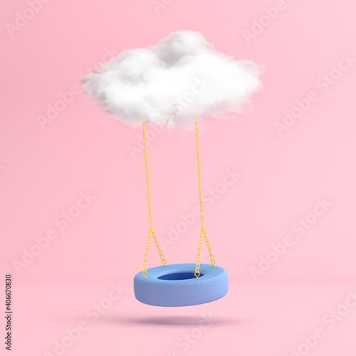Minimal scene of floating blue swing tire with the white cloud. 3D rendering