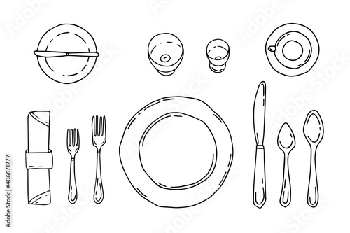 Table setting isolated on a white background. Serving in doodle style with plate, forks, spoons, knife and napkin. Table etiquette.