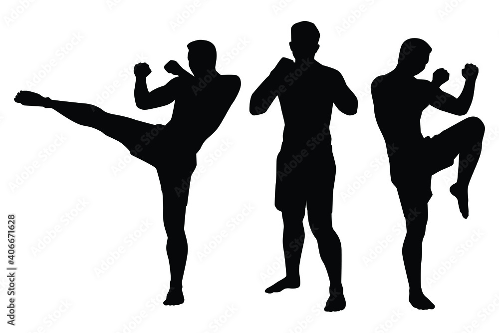 Set of Muay Thai boxing man silhouette vector on white background