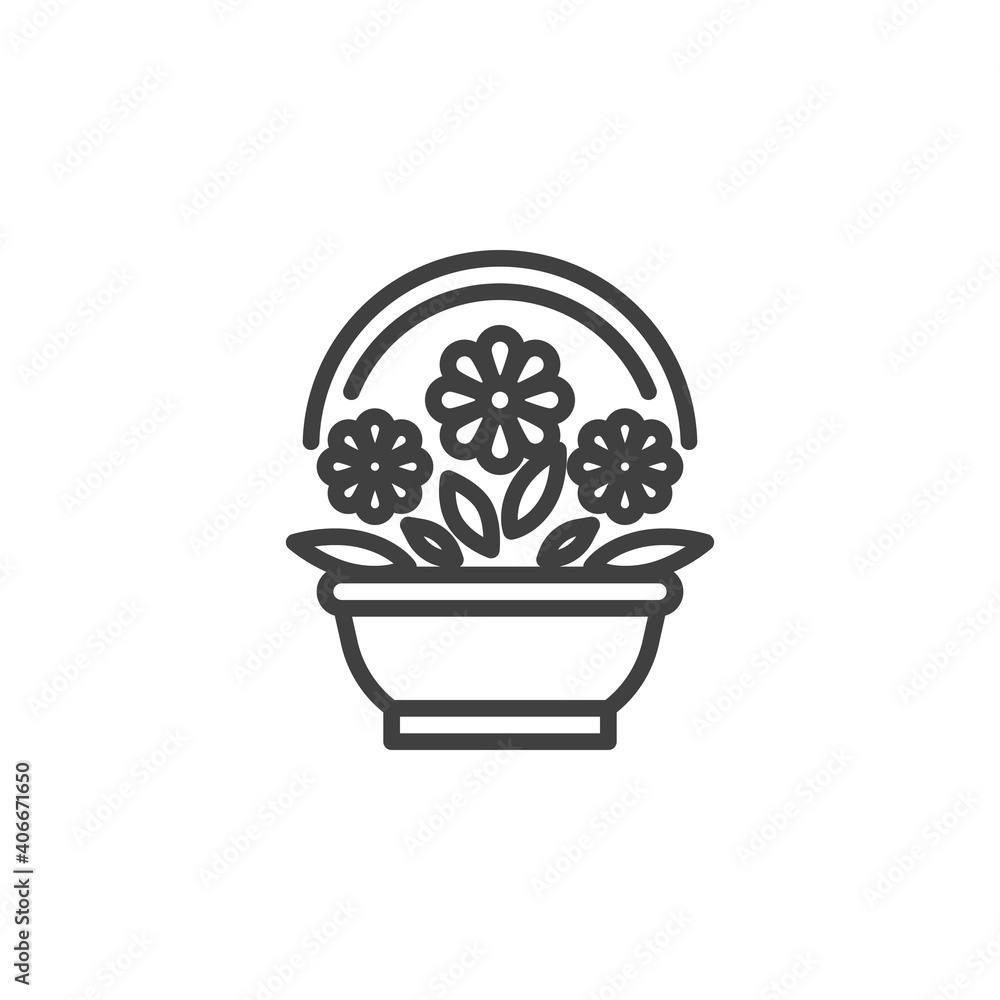 Flowers basket line icon. linear style sign for mobile concept and web design. Bouquet of flowers outline vector icon. Symbol, logo illustration. Vector graphics Flowers basket line icon. linear style sign for mobile concept and web design. Bouquet of flowers outline vector icon. Symbol, logo illustration. Vector graphics