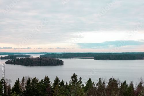 Beautiful winter landscape view of water, islands, sky and horizon in the Stockholm archipelago.