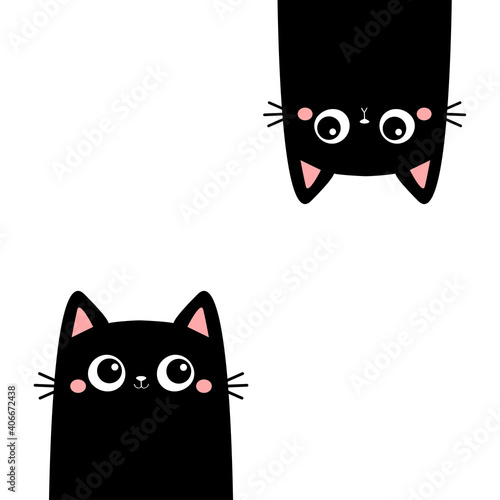 Two black kitten face head hanging upside down. Cat set. Funny Cute kawaii cartoon baby character. Happy Halloween. Notebook sticker print template. Flat design. White background