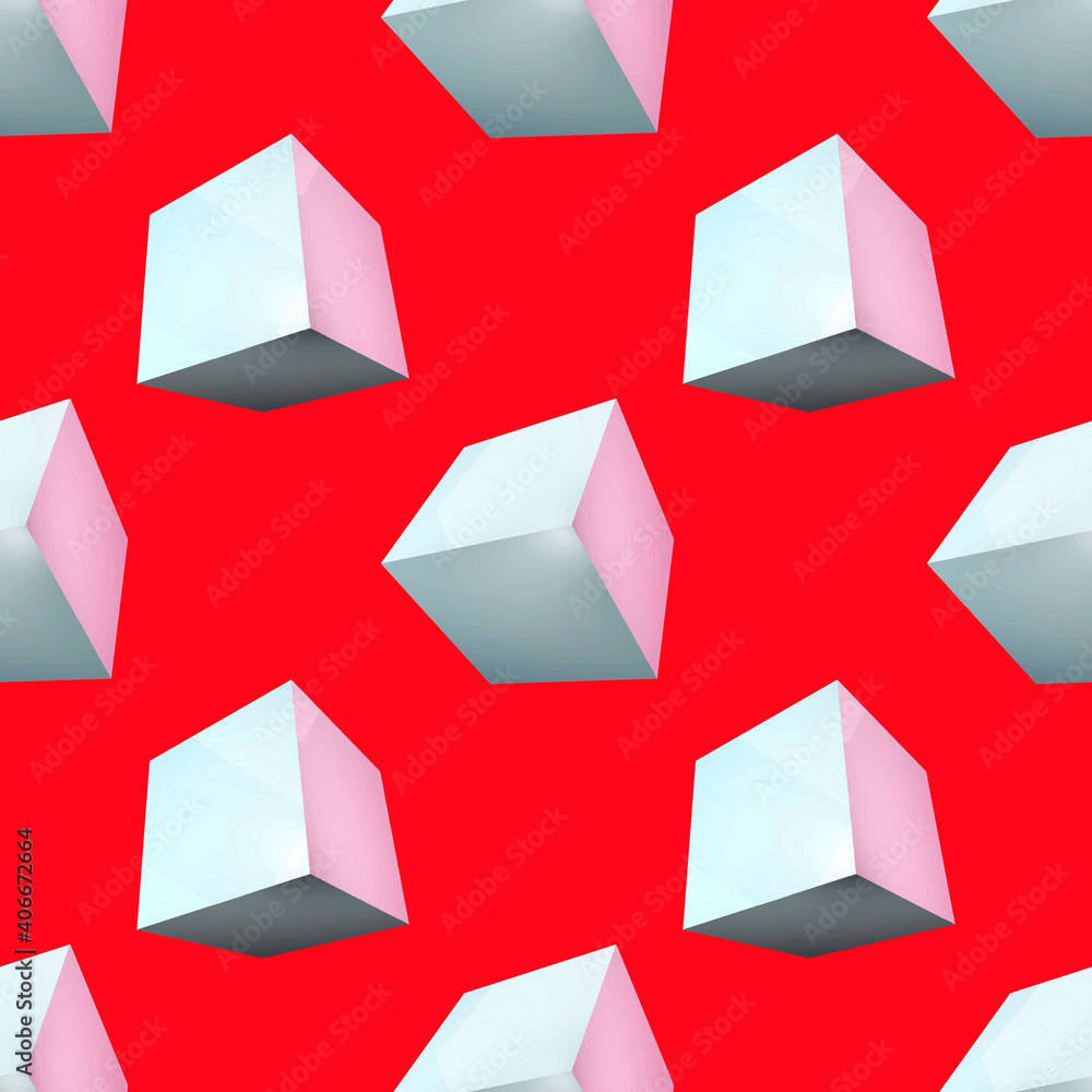 Isolated cubes on red background. 3D rendering. Realistic and creative illustration. Seamless repeatable pattern. Fabric and product design. Gray colors. Vector EPS10. Isolated cubes on red background. 3D rendering. Realistic and creative illustration. Seamless repeatable pattern. Fabric and product design. Gray colors. Vector EPS10.