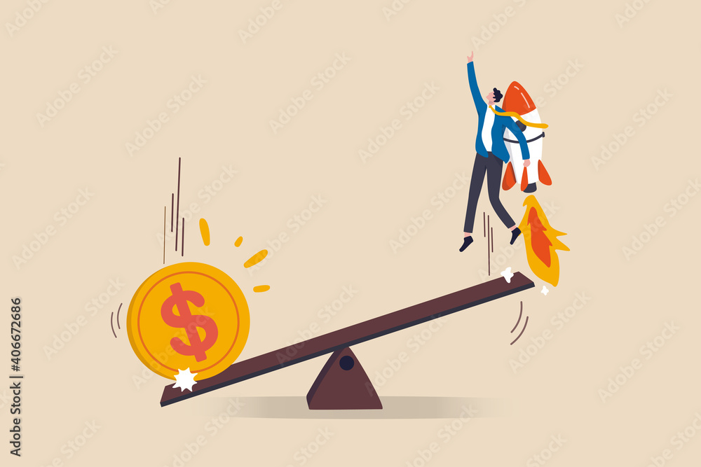 © Nuthawut - Economic stimulus money, central bank inject money to boost business and recover from Coronavirus COVID-19 crisis, big money dollar coin fall on seesaw to boost other side businessman with rocket.
