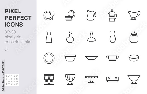 Glass crockery line icon set. Tableware - plate, jug, dish, ashtray, salad bowl, decanter, wineglass minimal vector illustration. Simple outline sign of dinnerware 30x30 Pixel Perfect Editable Stroke