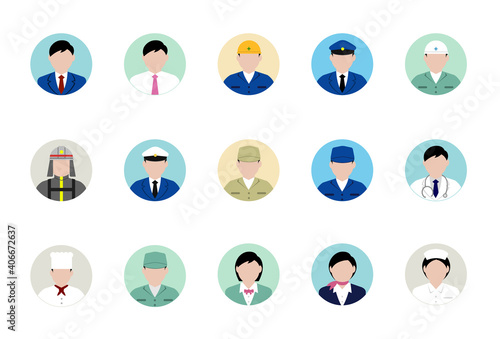 Circular worker avatar icon illustration set (upper body) / business person, blue collar worker, police man, cook , doctor etc.