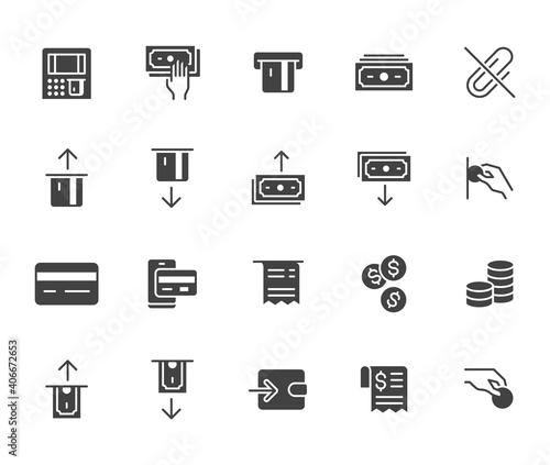 Atm machine flat icon set. Withdraw money, deposit, hand taking cash, receipt black minimal silhouette vector illustration. Simple glyph signs for payment terminal application