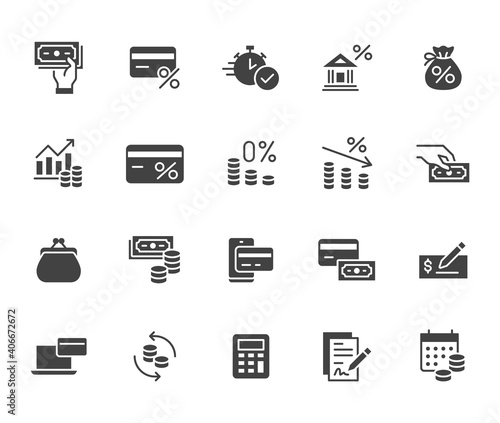Money loan flat icon set. Credit score, low interest, discount card, mortgage percent, tax black minimal silhouette vector illustration. Simple glyph signs for bank application