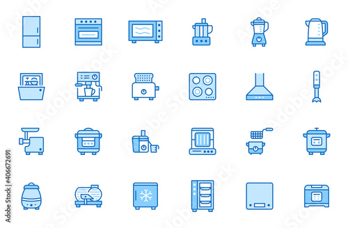 Kitchen appliance line icon set. Oven, mixer, dishwasher, food processor, combi steamer minimal vector illustrations. Simple outline signs of cooking equipment. Blue color, Editable Stroke