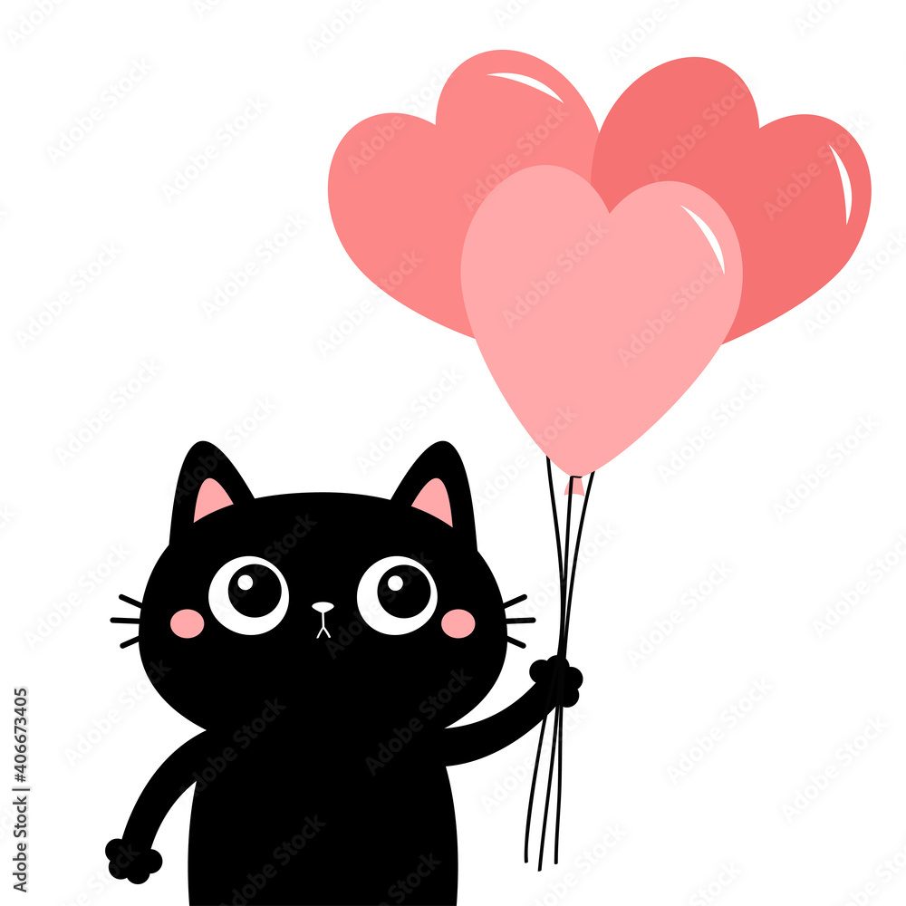 Black cat kitten kitty holding pink heart air balloon bouquet. Cute cartoon kawaii funny animal baby character. Flat design. Happy Valentines Day. Love card. White background. Isolated.