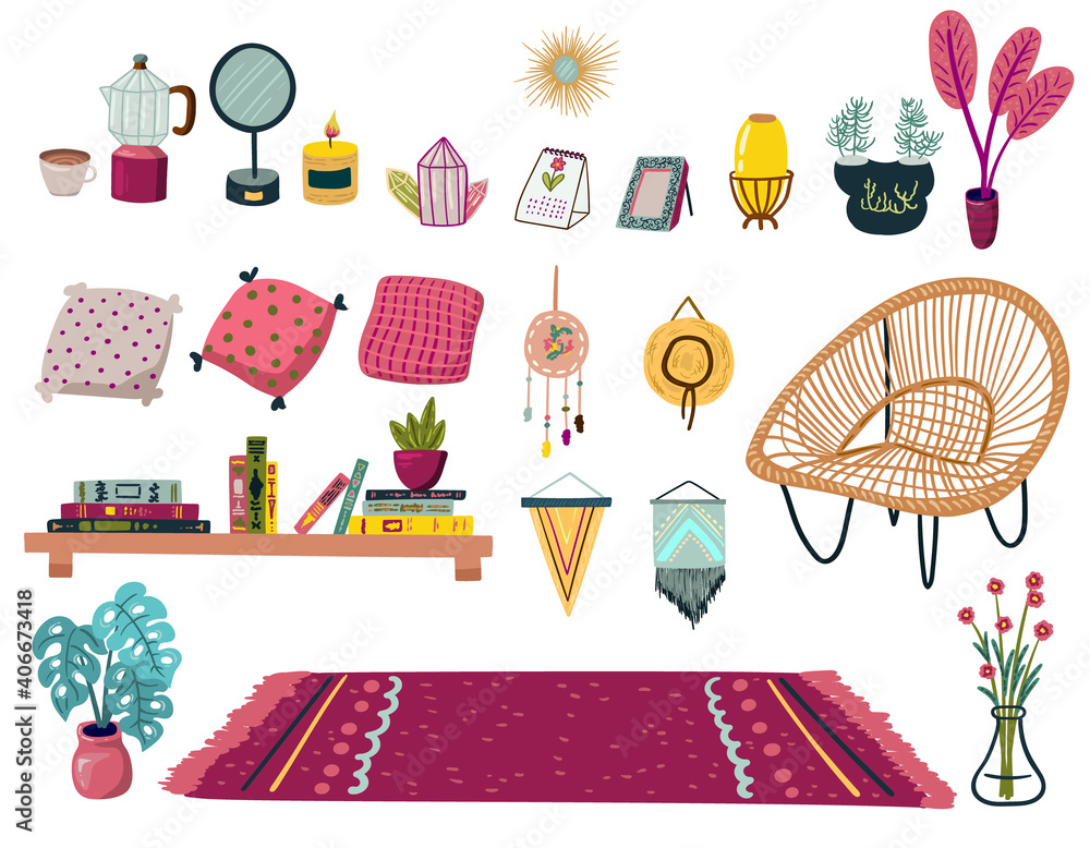 Stay at home. Set of stylish scandinavian apartment design elements for self-isolation during quarantine and other use. Flat vector cartoon illustration
