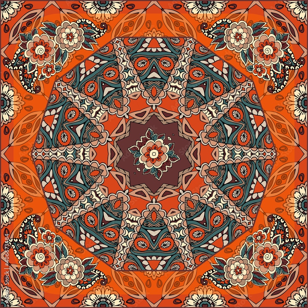 Bright ornament in ethnic style with mandala, flowers, paisley, stylized peacock feathers. Cheerful print for square rug, scarf, napkin.