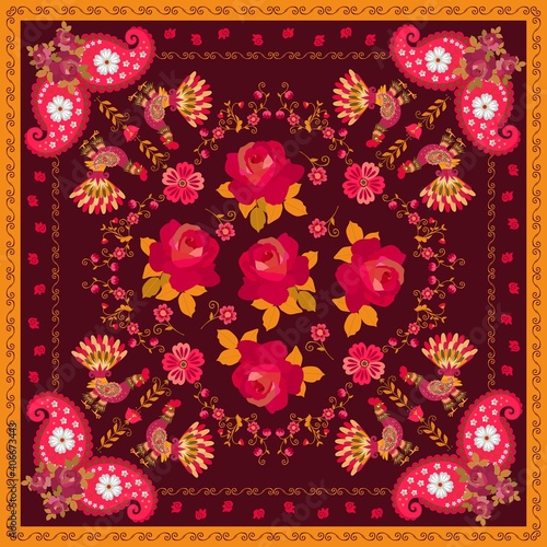 Bright  shawl with roosters in folk style, red roses, paisley, garlands of tiny flowers jn brown background and ornamental border. Fashionable accessory.