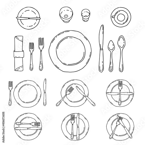 Table settings isolated on a white background. Serving in doodle style with plate, forks, spoons, knife and napkin. Table etiquette. Position of fork and knife on plate.