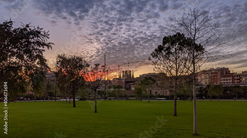 Photography View of the Gran Clariana Park, in Barcelona, at dusk