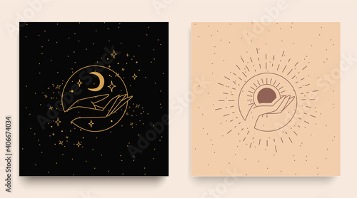 The hands are folded in a simple flat esoteric boho style. Women collection of logos hands with different symbols, such as the moon and the sun. Vector illustration.