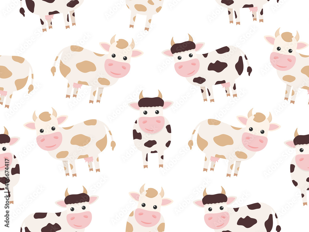 Naklejka premium Cute cow seamless pattern. Vector farm animal background. 