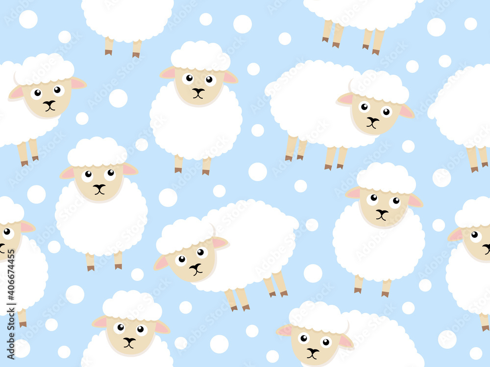 Cute sheep seamless pattern. Vector farm animal blue background.