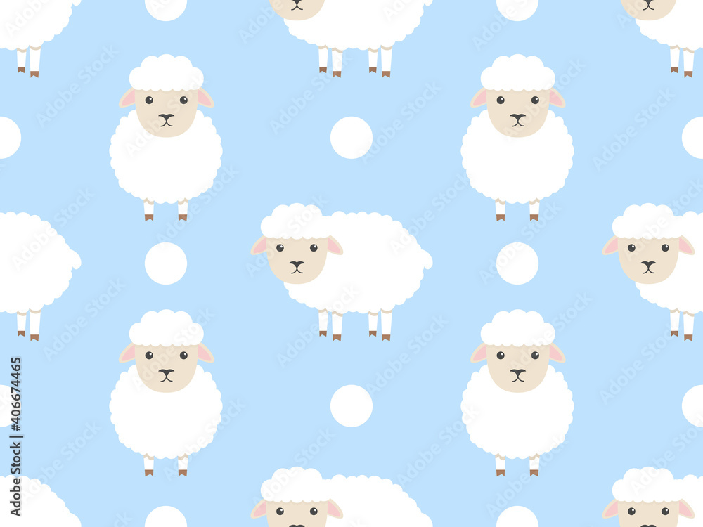 Cute sheep seamless pattern. Vector farm animal blue background.