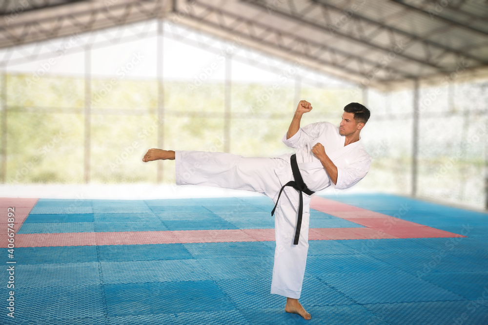 Professional coach showing karate moves at gym Professional coach showing karate moves at gym