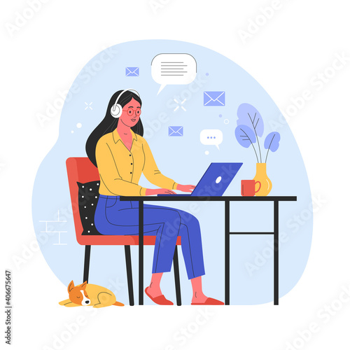 Work from home concept. Vector illustration in trendy flat style of a young pretty woman sitting on a red chair in her apartment and working on a laptop at the desk. Isolated on background