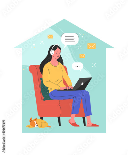 Work from home concept. Vector illustration of a young pretty woman sitting in a red armchair and working on a laptop inside the house silhouette. Isolated on background