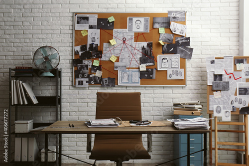 Obraz na płótnie Modern detective office with workplace and board