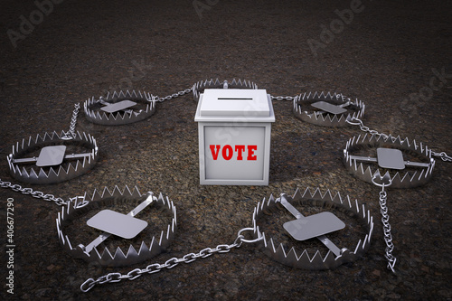 Ballot box surrounded by Metal bear trap demonstrating voting issue. 3D illustration