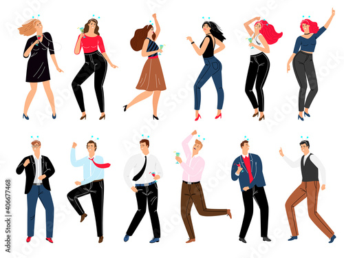 People on corporate party set. Cartoon happy men and women dancing in trendy costumes and drinking wine, vector illustration concept of business rest after teamwork