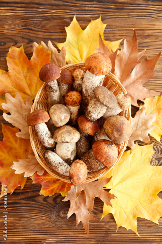 Bunch of porcini mushrooms in small wicker basket on wood textured table. Copy space for text, close up, top view, background. Bunch of porcini mushrooms in small wicker basket on wood textured table. Copy space for text, close up, top view, background.