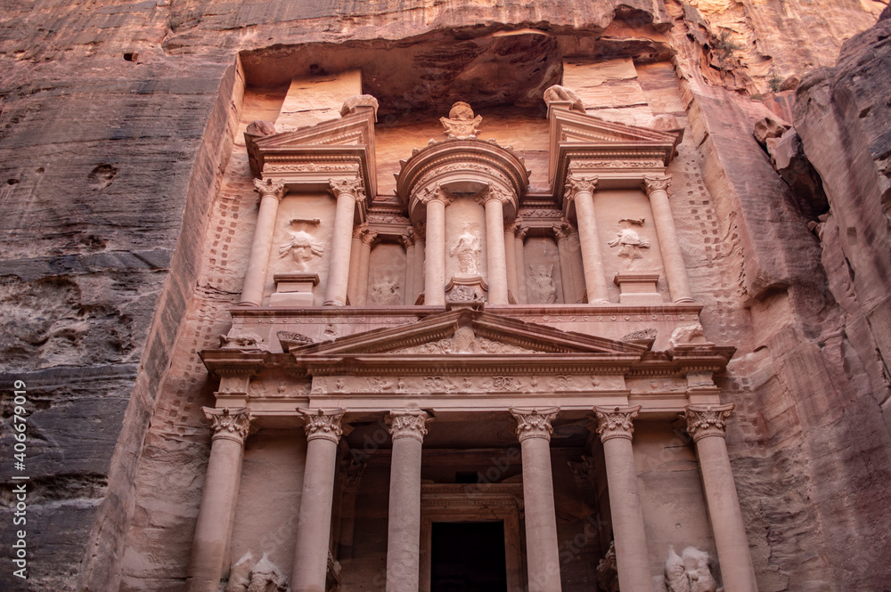 Petra, Jordan - January 6, 2020: The facade of the treasury in the ancient city of Petra in Jordan