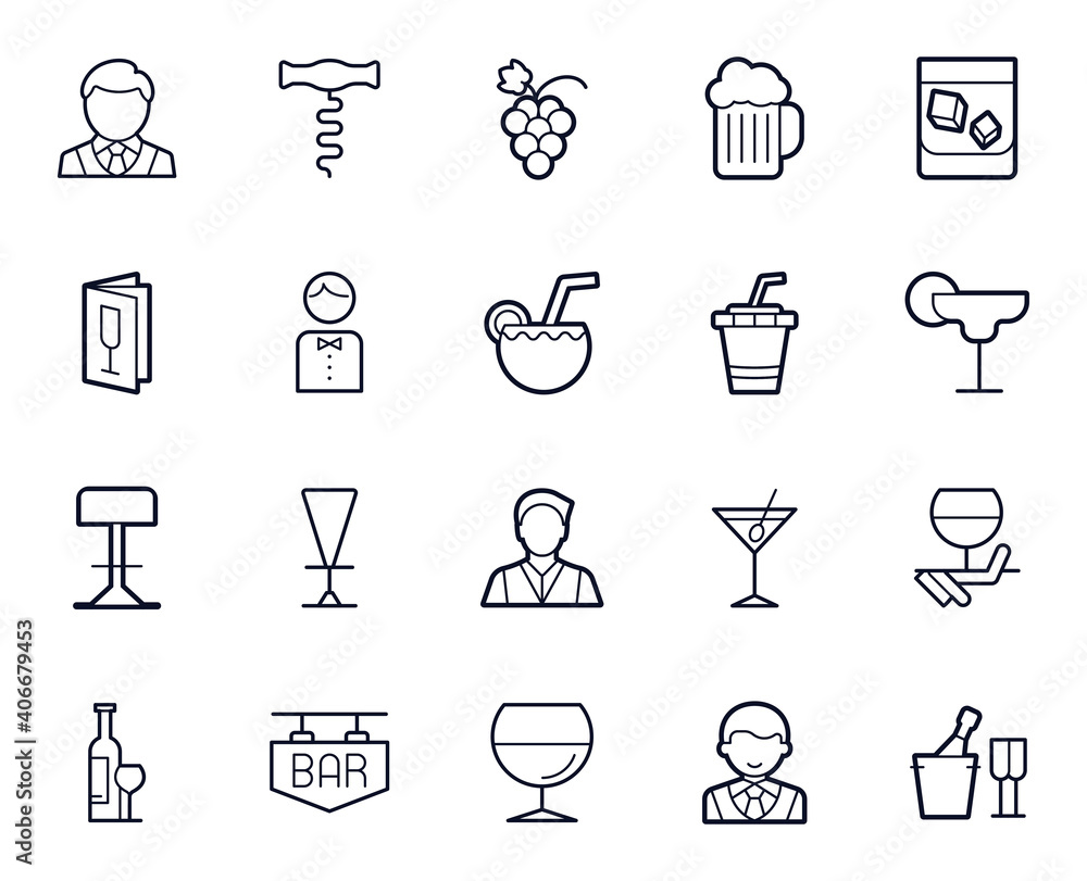 Bar line icon set. Collection of holidays sign for web design and mobile app. International Bartender's Day pictogram. Barmen, alcohol, glass, wine, cocktail, beer, menu, outline icon Bar line icon set. Collection of holidays sign for web design and mobile app. International Bartender's Day pictogram. Barmen, alcohol, glass, wine, cocktail, beer, menu, outline icon