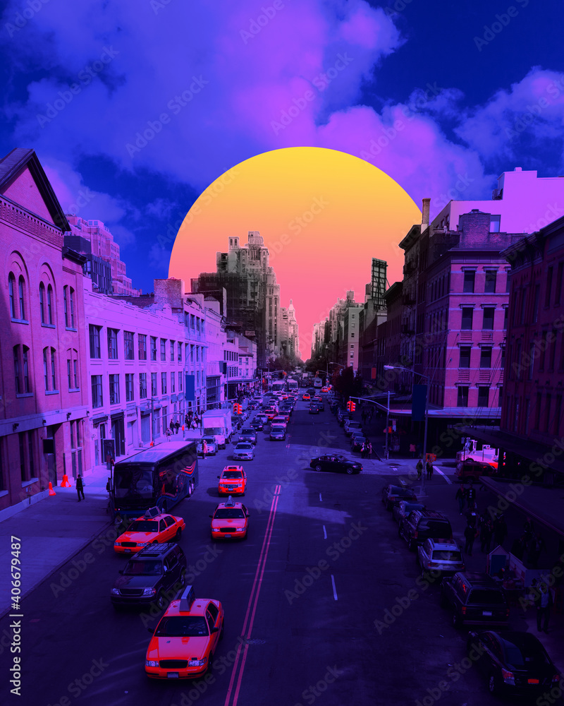 Sunset. Cityscape in bright colors. Trendy neon lighted background, wallpaper with copyspace for ad. Modern design. Contemporary art collage. Inspiration, mood, creativity concept. Retrowave style. - obrazy, fototapety, plakaty 