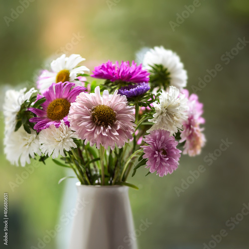 Purple and white flowers in a white vase on a green background.