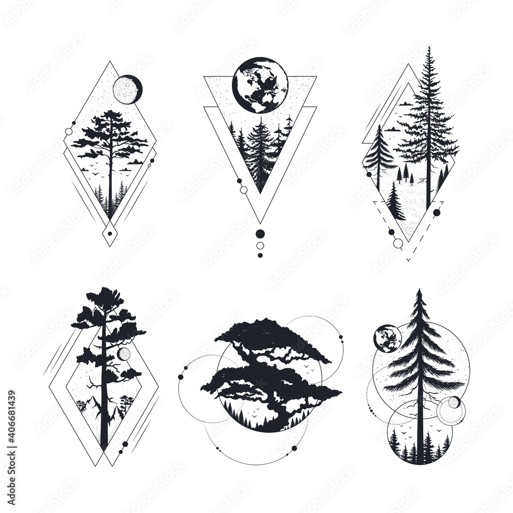 Set of hand drawn tree badges with globe, pine, moon and stars.. Vector  isolated wanderlust prints. Geometric frames with forest for label or tattoo.  Stock Vector | Adobe Stock