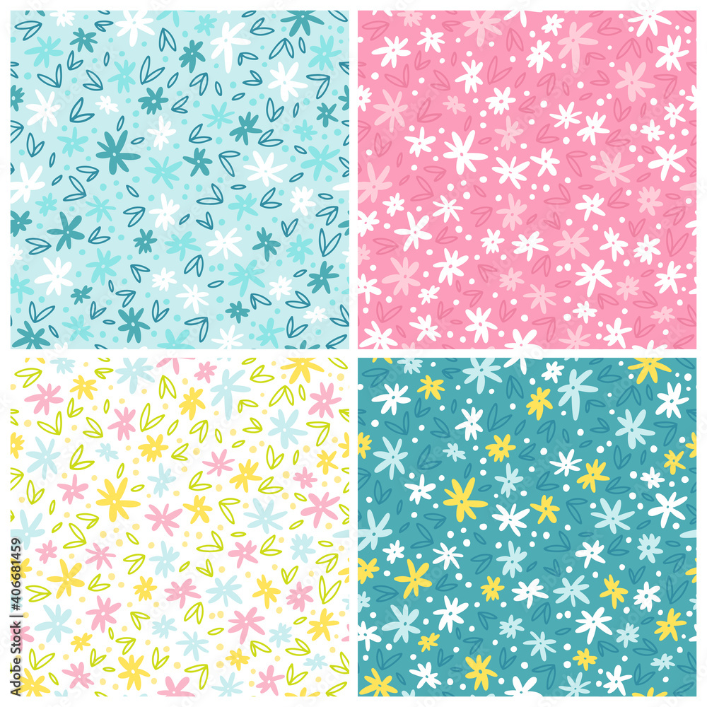 Spring set of seamless patterns in different colors with small naive flowers. Digital paper with small plain daisies. Vector hand-drawn illustration in pastel colors. Ideal for textiles