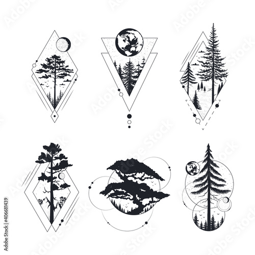 Set of hand drawn tree badges with globe, pine, moon and stars.. Vector isolated wanderlust prints. Geometric frames with forest for label or tattoo.