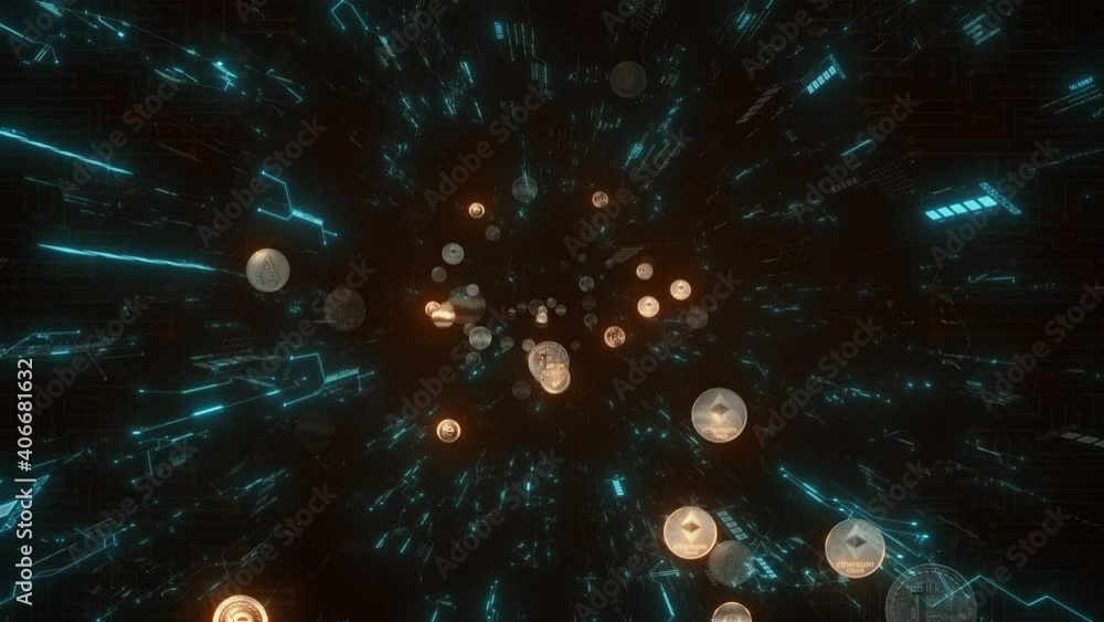 Abstract Technology Background with Flying Bitcoin