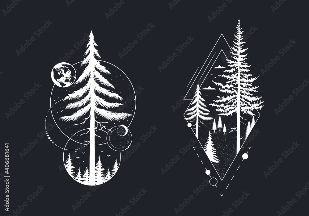 Set of badges with pine and fir trees, moon and stars. Vector isolated forest prints. Geometric wanderlust label or tattoo frames.