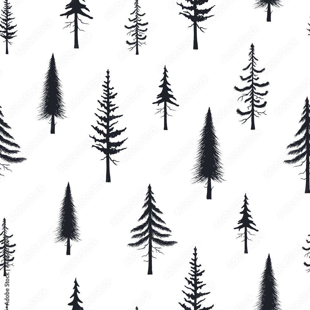 Evegreen trees silhouettes seamless pattern. Vector isoleted background with hand drawn christmas firs. Conifer texture for fabric.