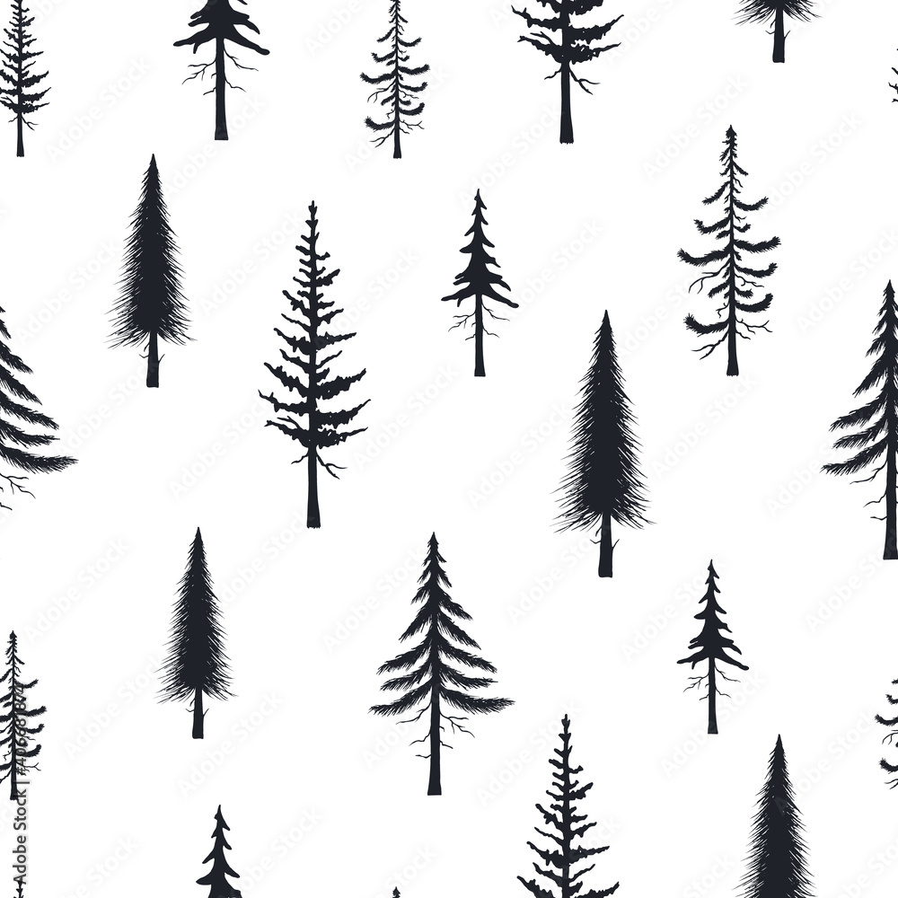 Obraz premium Evegreen trees silhouettes seamless pattern. Vector isoleted background with hand drawn christmas firs. Conifer texture for fabric.