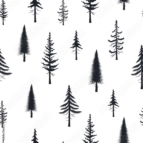 Evegreen trees silhouettes seamless pattern. Vector isoleted background with hand drawn christmas firs. Conifer texture for fabric.