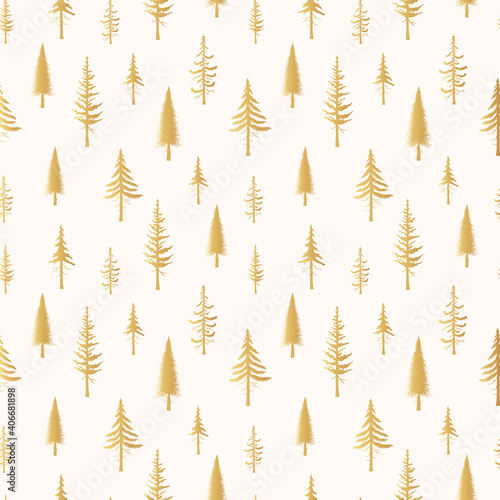 Golden evegreen trees silhouettes seamless pattern. Vector isoleted background with hand drawn gold christmas firs. Conifer texture for fabric.