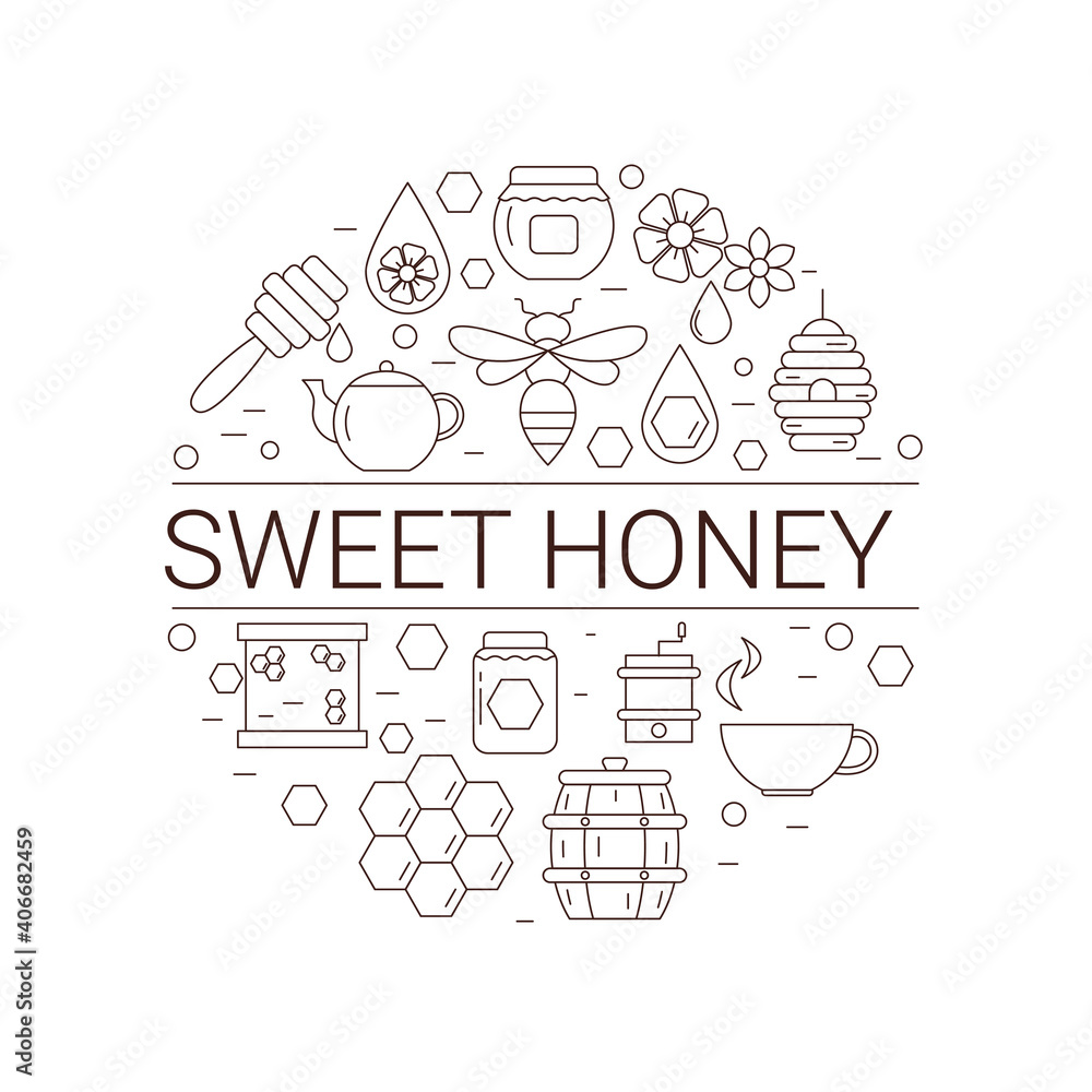 Honey and bee icons in the shape of circle.