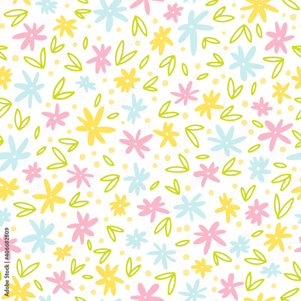 Spring seamless pattern with small naive flowers. Digital paper with small plain daisies. Vector hand-drawn illustration in pastel colors. Ideal for textiles, fabric printing